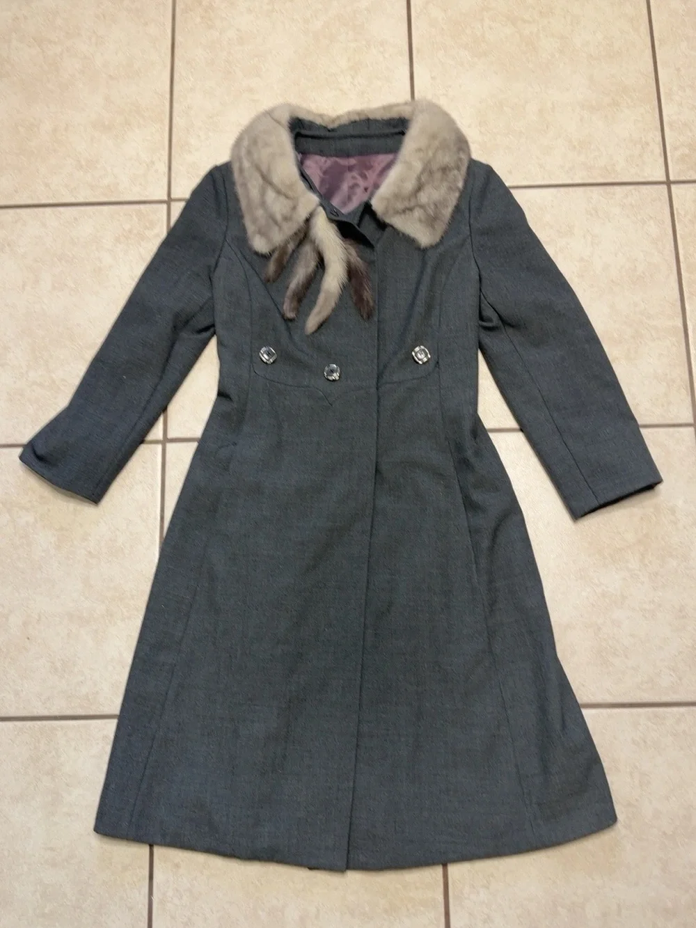Vintage 50s Gray Princess Coat Genuine Mink Fur Collar Union Made XS S